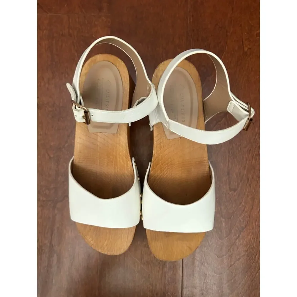 Call It Spring White Vegan Leather Platform Clog Sandals with Studs, Size 8.5